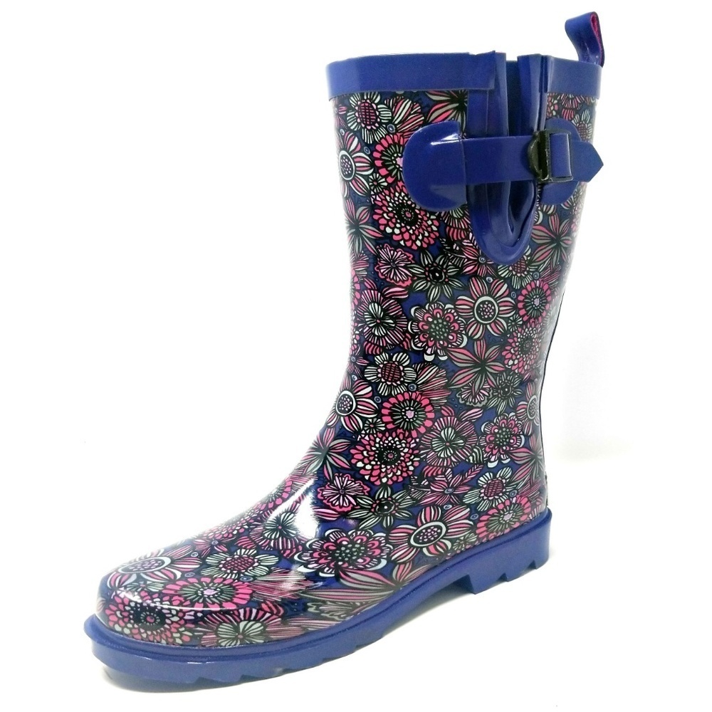 Women's Rainboots, Mid Calf Waterproof Rubber Rain Boots, RB-3155, Blue - Picture 2 of 5